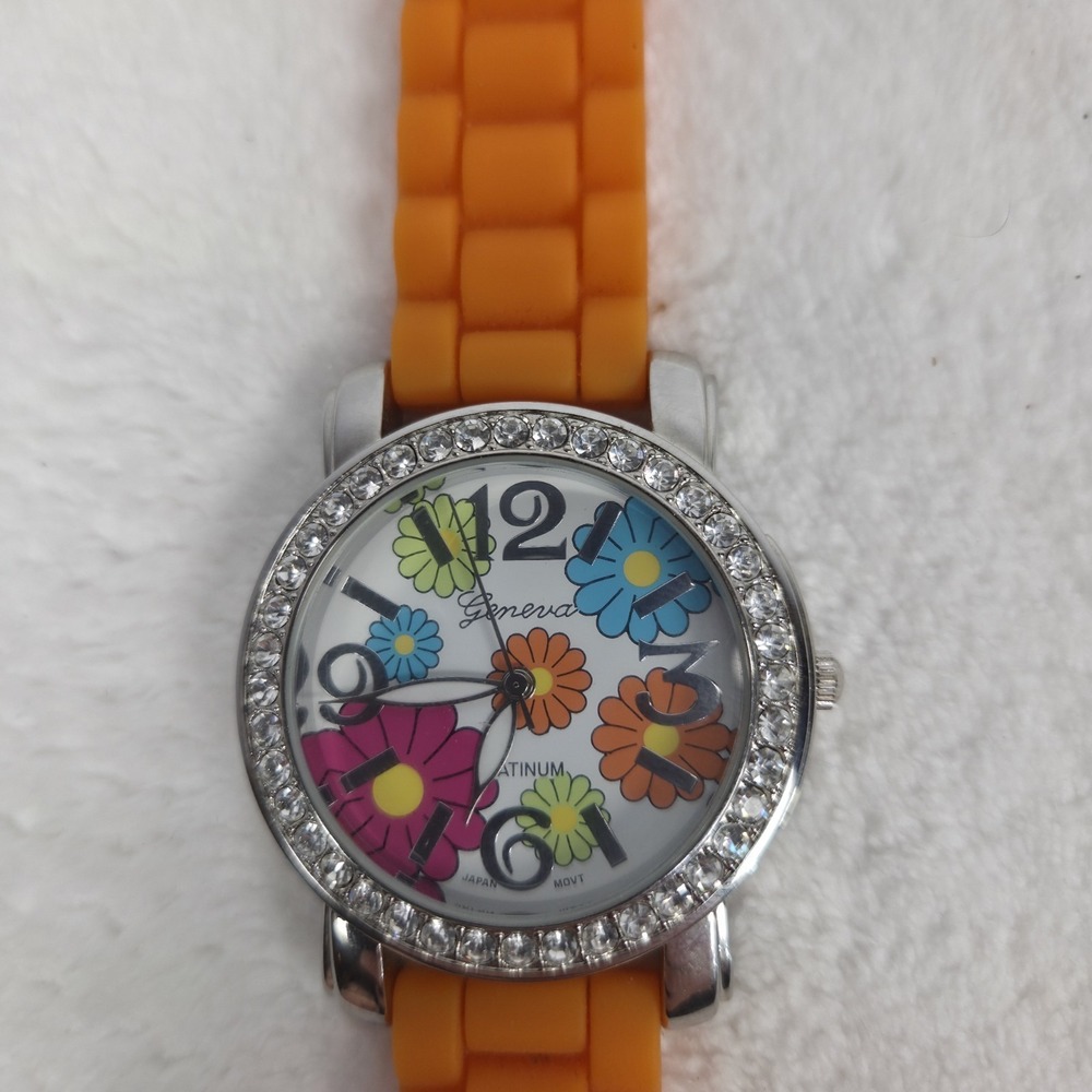 Geneva Platinum Women's Wristwatch Silver Tone Floral Orange Silicone Band